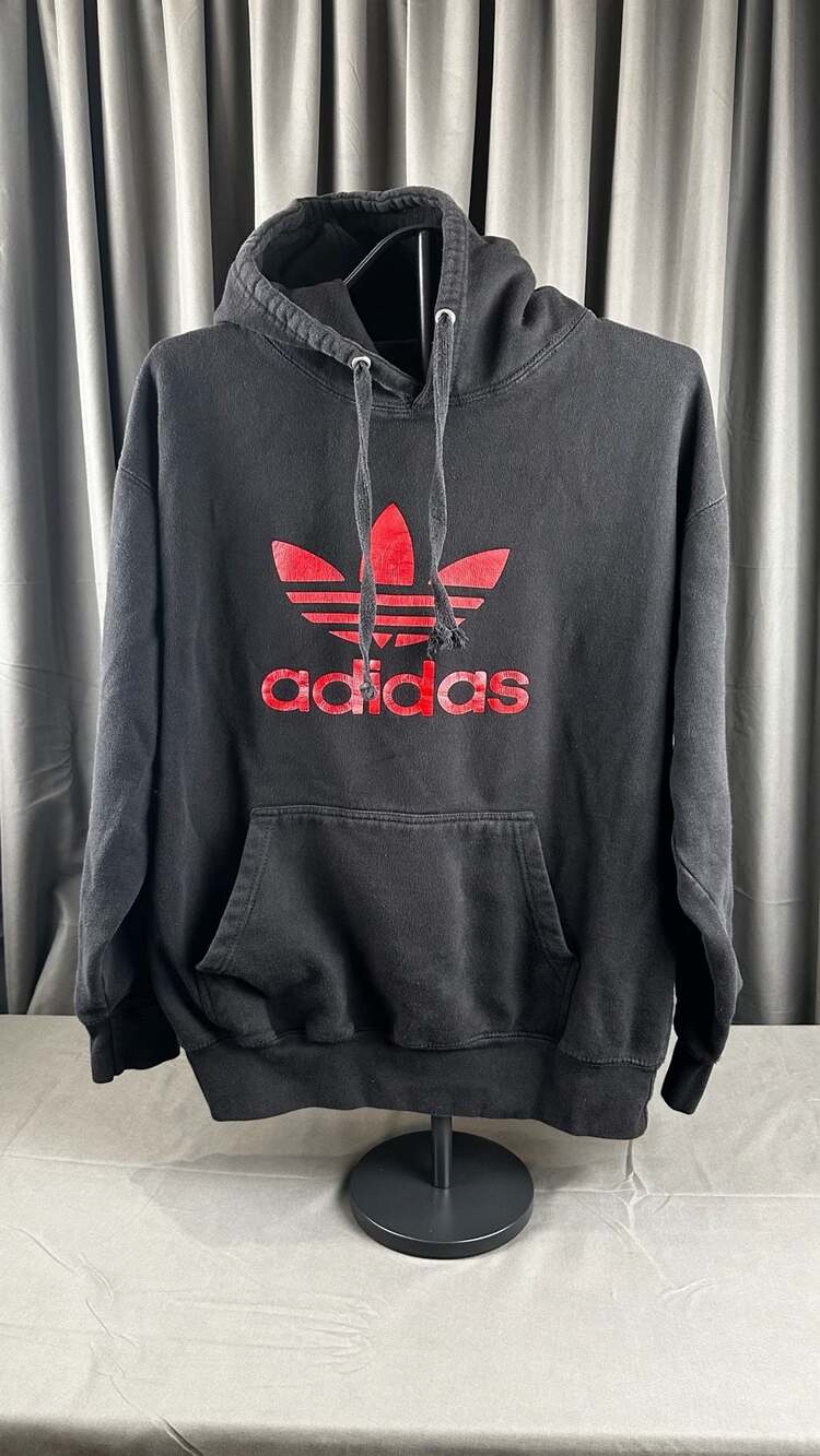 Adidas Trefoil Logo Hoodie Size L Black Red Pullover Sweatshirt